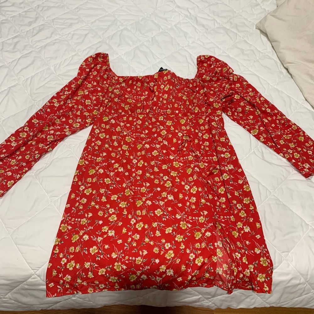 Red disty floral bow detail size split Bodycon dress